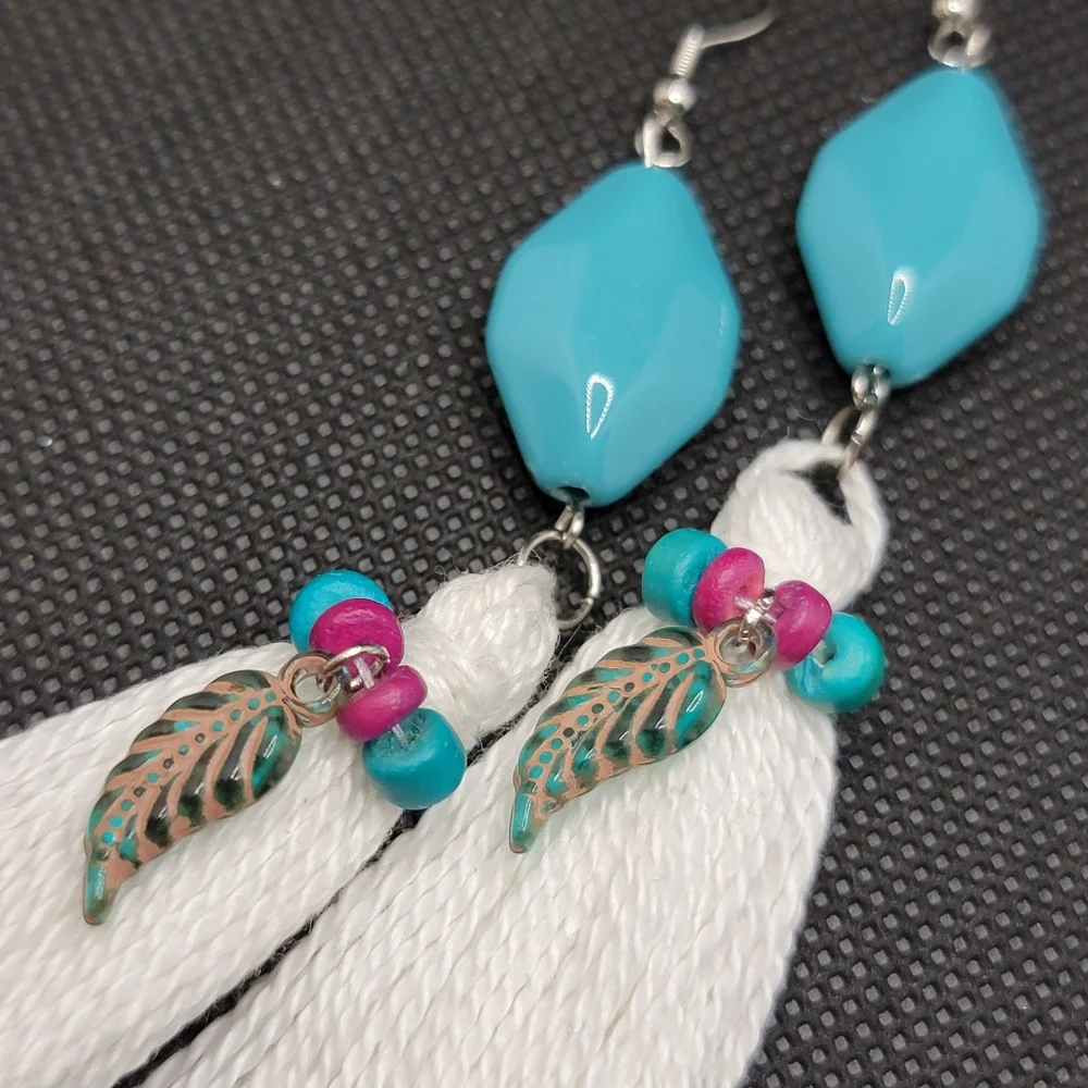 Handmade Tassel Earrings Beaded Turquoise Fuchsia and Feathers boho Hippie